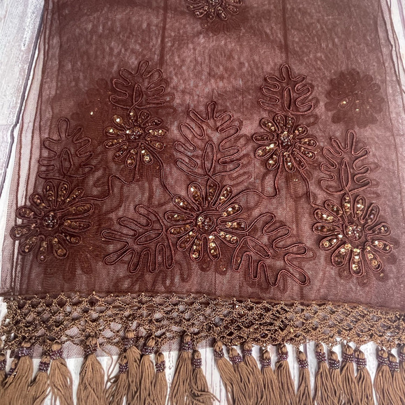 Vintage Rust Lace Mesh Scarf Embroidered Crochet Sequins FairyGrunge Whimsical - Picture 9 of 15